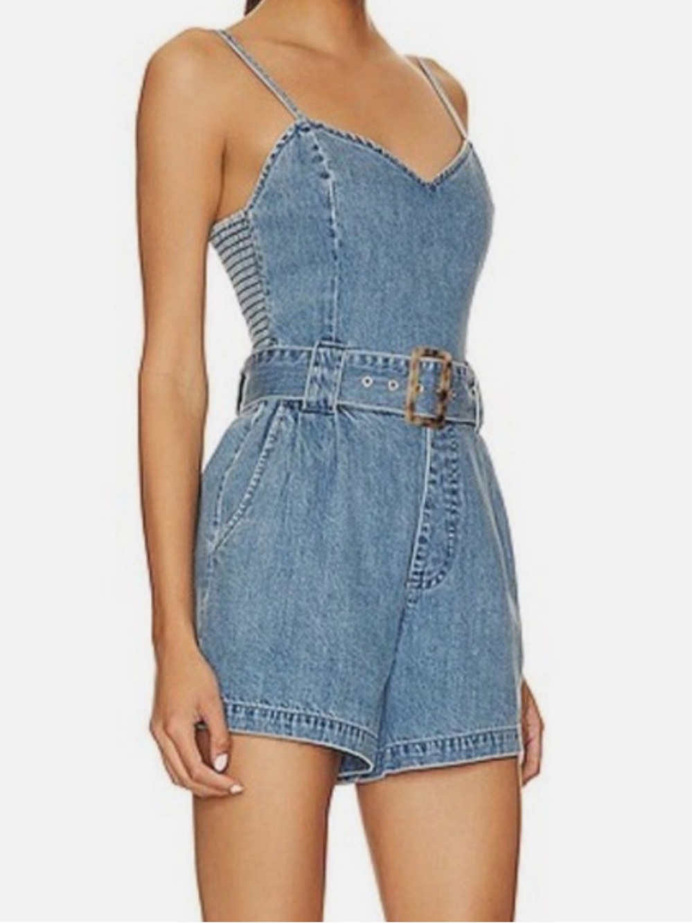 Show me Your MuMu Revolve Sloane Denim Belted Romper Spaghetti Strap Sz L - Picture 1 of 13